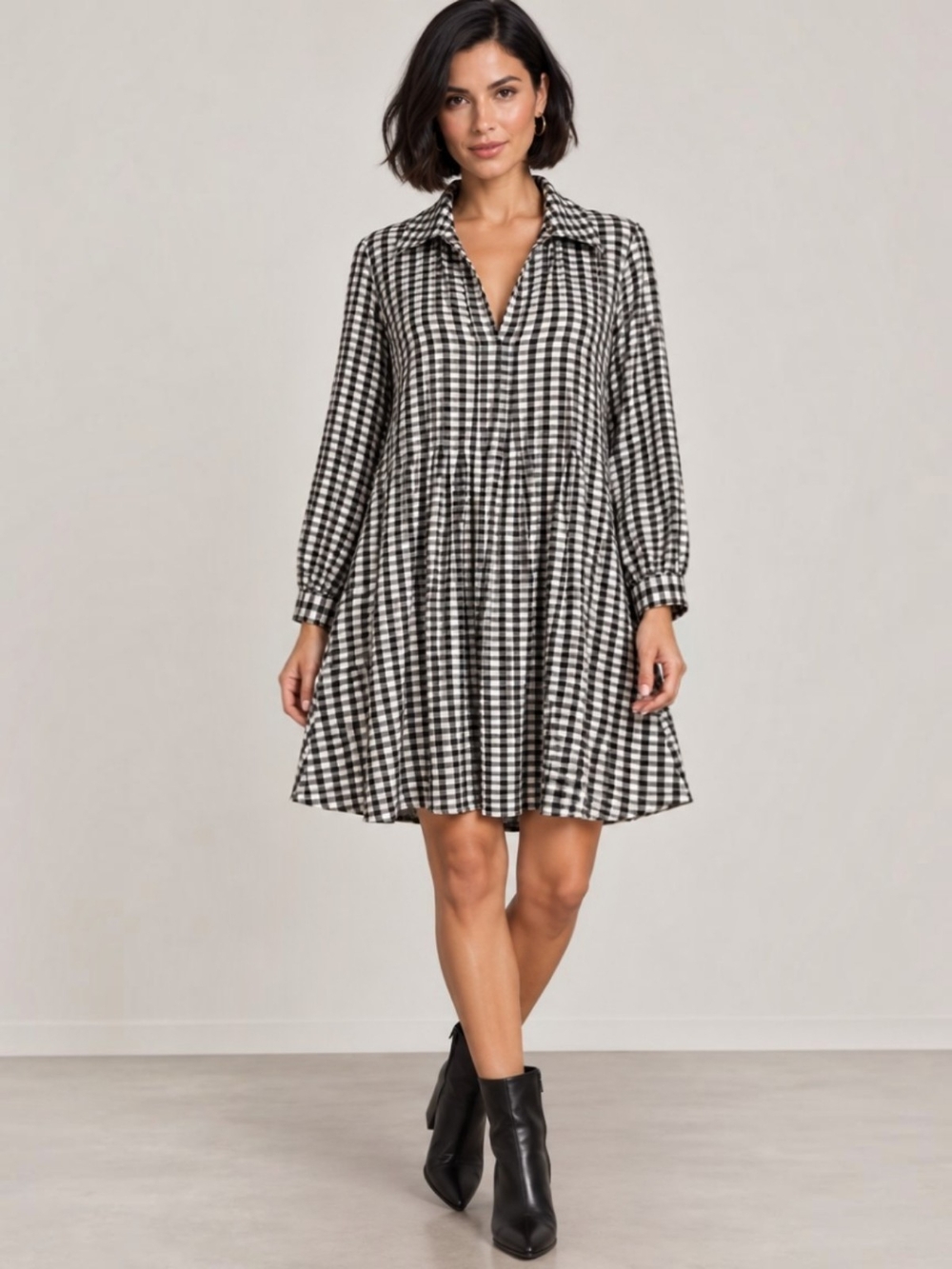 Zara Black & White Check Johnny Collar Pintuck Mini Dress Size XL